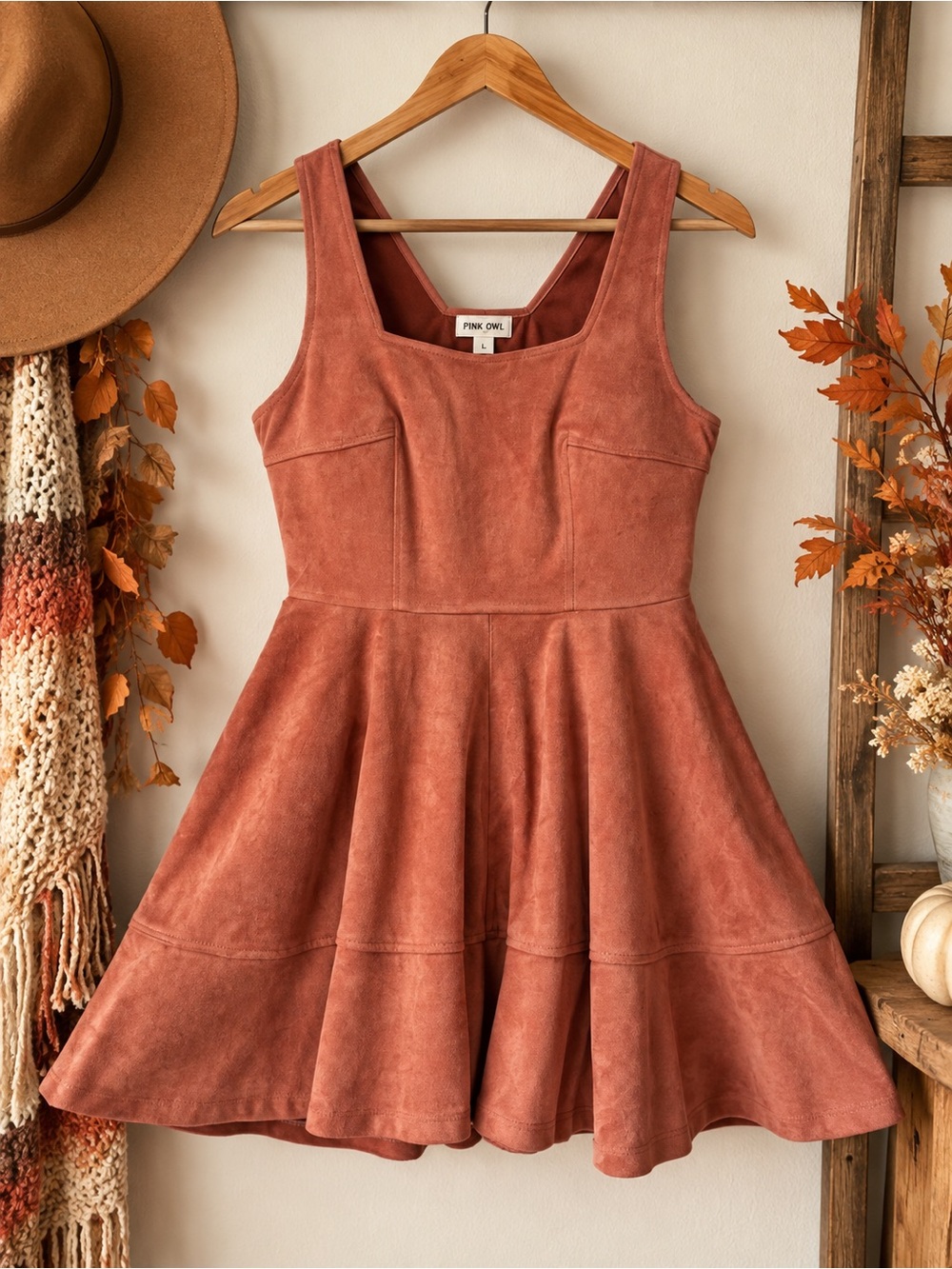 Pink Owl Rust Velvet Skater Mini Dress Size Large Fall Boho